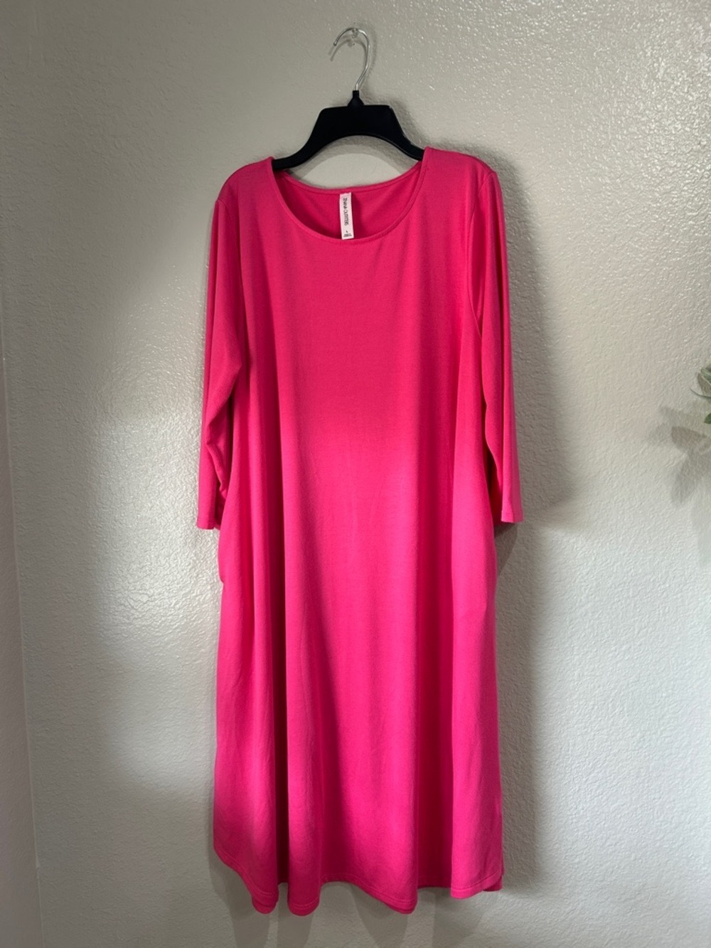 Zenana Outfitters Bright Pink Midi Scoop Neck Midi Dress 3/4 Sleeve Sz L TC0212
